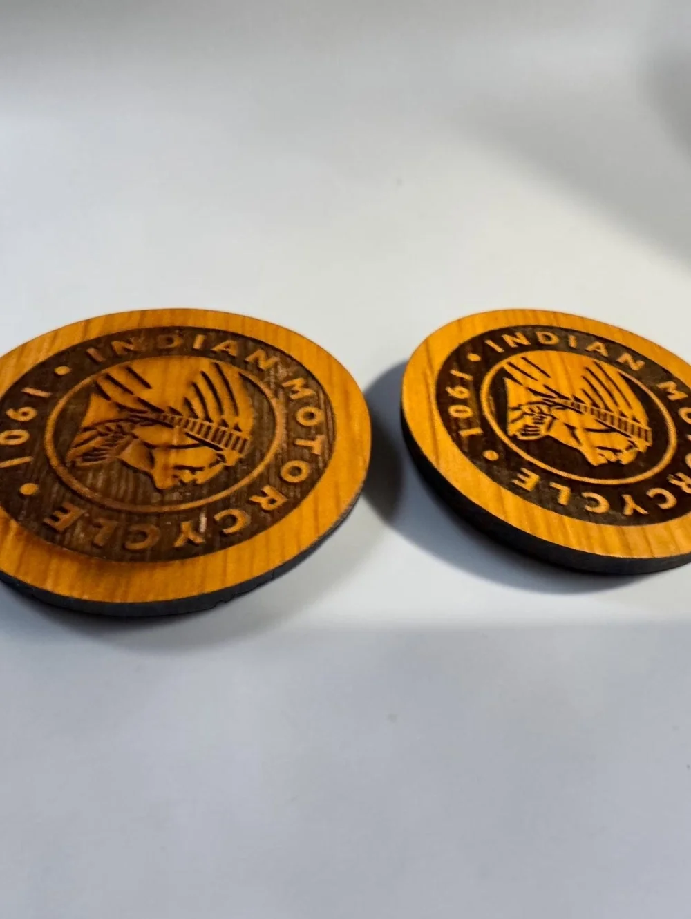 Indian Motorcycle 1901 Logo Wooden Coasters Set of 2 Engraved Wood Biker Decor
